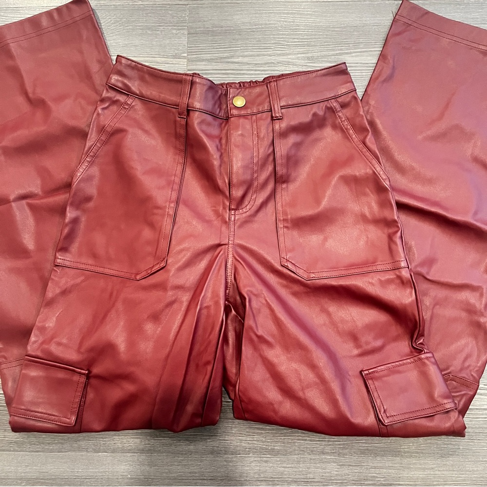Red Faux Leather Cargo Pants